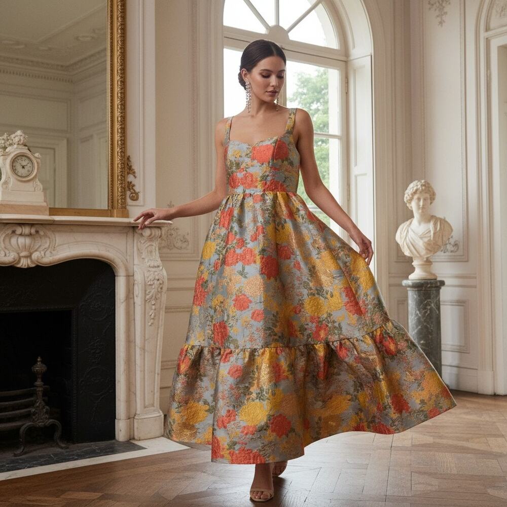 Mac Duggal Floral Brocade Maxi Dress in Coral, Yellow and Gray-Blue - Picture 2 of 8